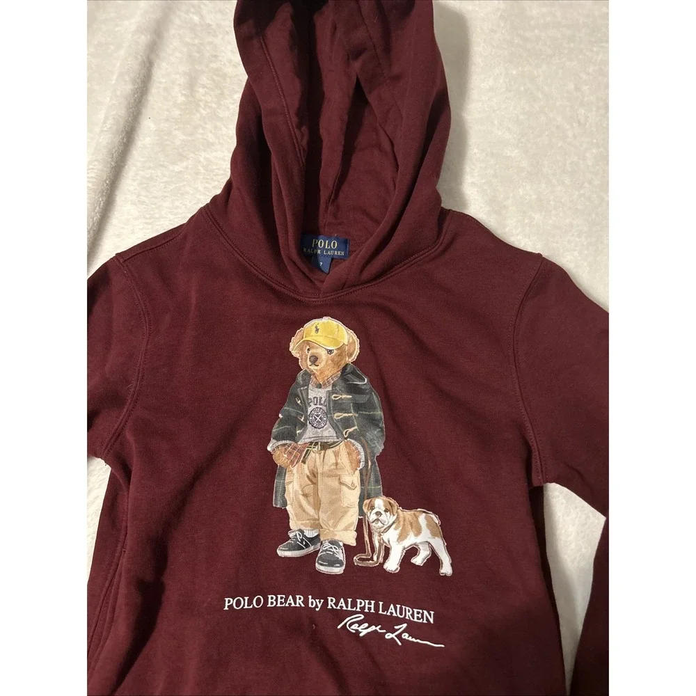 Polo Ralph Lauren Hoodie Kids 7 Burgundy Fleece Pullover Polo Bear Sweatshirt
